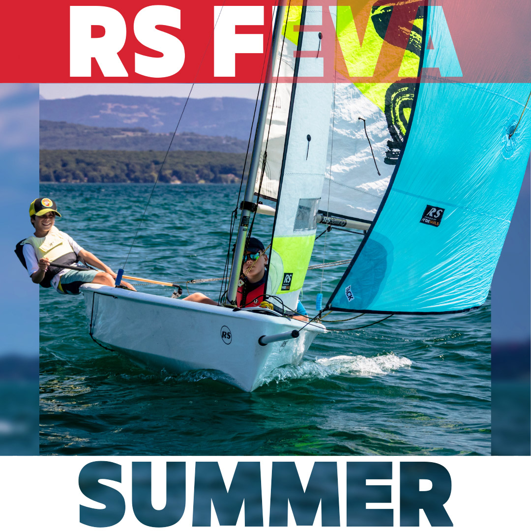 2025 - EVC - Vignettes SHOP - RS FEVA - SAILING SUMMER CAMPS TER Teens learning dinghy sailing at Club Nautique de Crans, near Nyon and Founex.