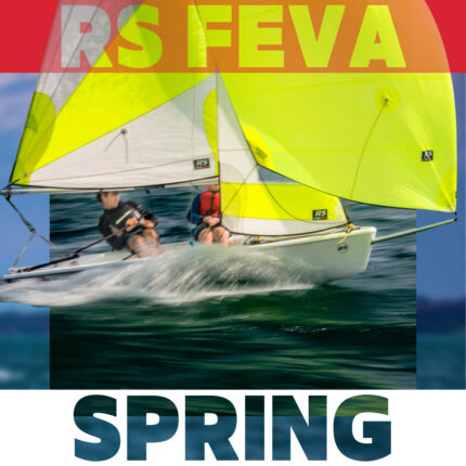 Two teenagers sailing an RS Feva dinghy near the Port of Crans, Terre-Sainte region.