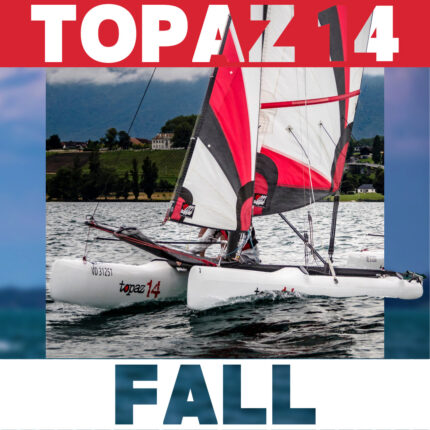 Teens sailing a Topaz 14 catamaran at Crans-près-Céligny, Terre-Sainte region.