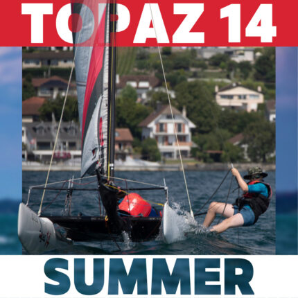 Teenagers enjoying catamaran sailing on a Topaz 14, Crans-près-Céligny, Terre-Sainte.