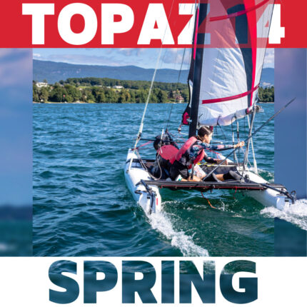 Teenagers gybing a Topaz 14 catamaran in spring, Port of Crans, Terre-Sainte.