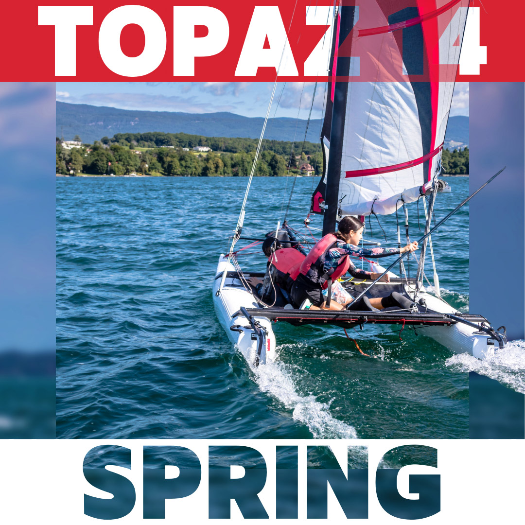 2025 - EVC - Vignettes SHOP - TOPAZ 14 - SPRING TRAINING SAILING Teenagers gybing a Topaz 14 catamaran in spring, Port of Crans, Terre-Sainte.