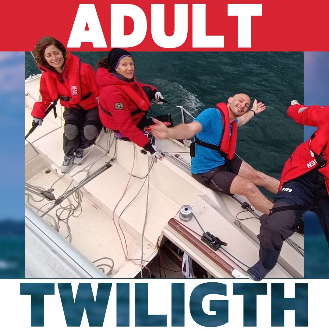 2026 - EVC - Vignettes SHOP - ADULT TWILIGHT SAILING LESSON CRA dults sailing during sunset on Lake Geneva, Crans-près-Céligny, Terre-Sainte region.